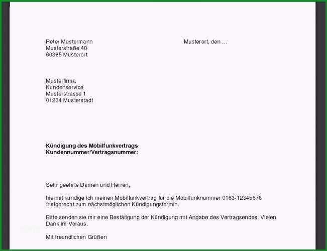 Phänomenal Kündigung Handyvertrag Vorlage Download