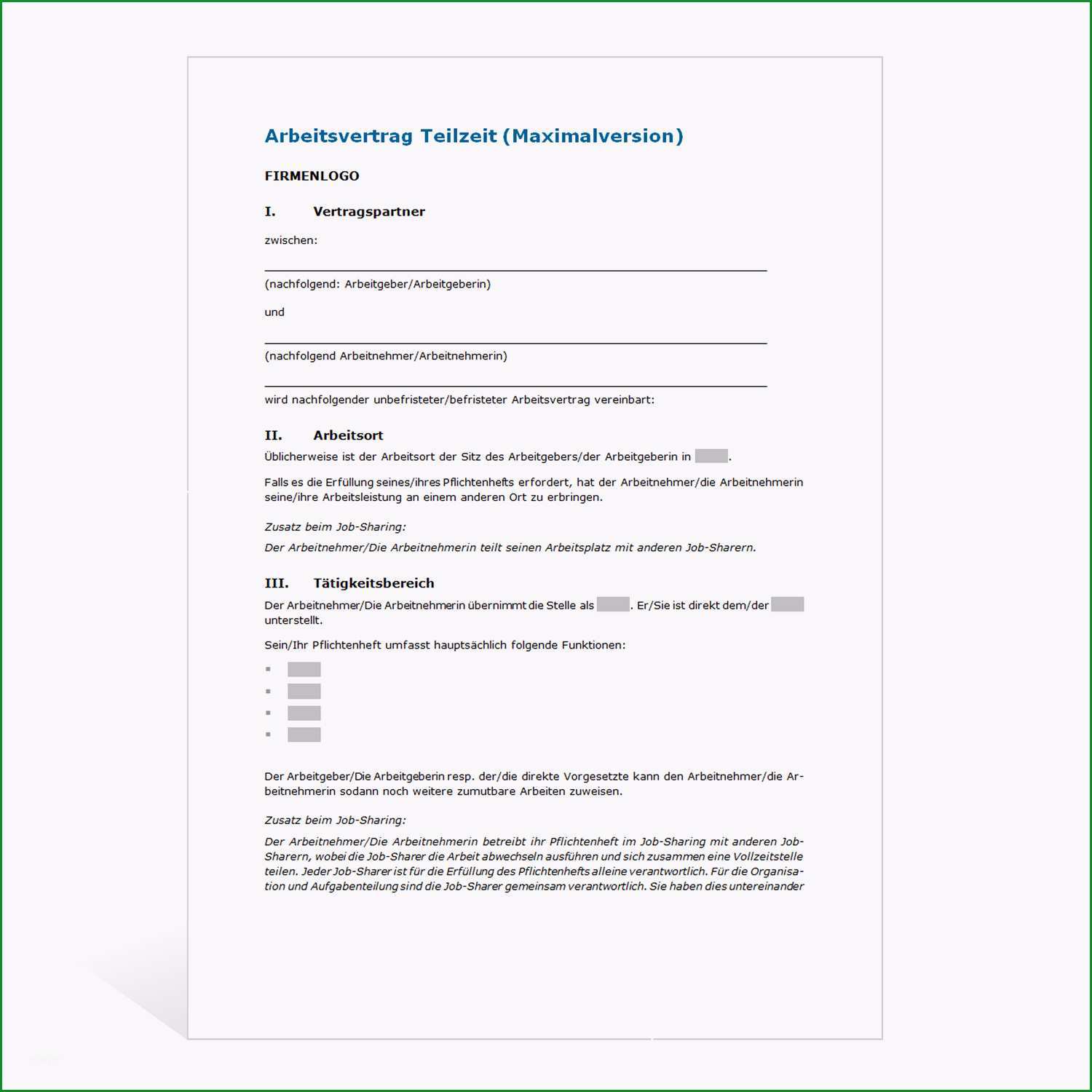 muster arbeitsvertrag teilzeit maximalversion