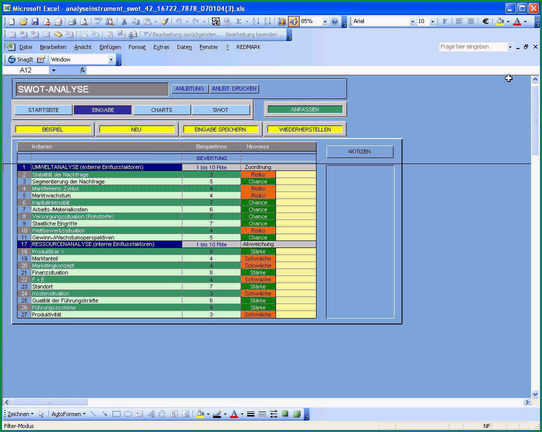 swot analyse vorlage excel