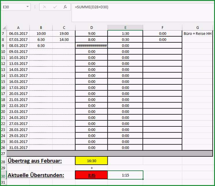 ueberstunden auflistung bei excel