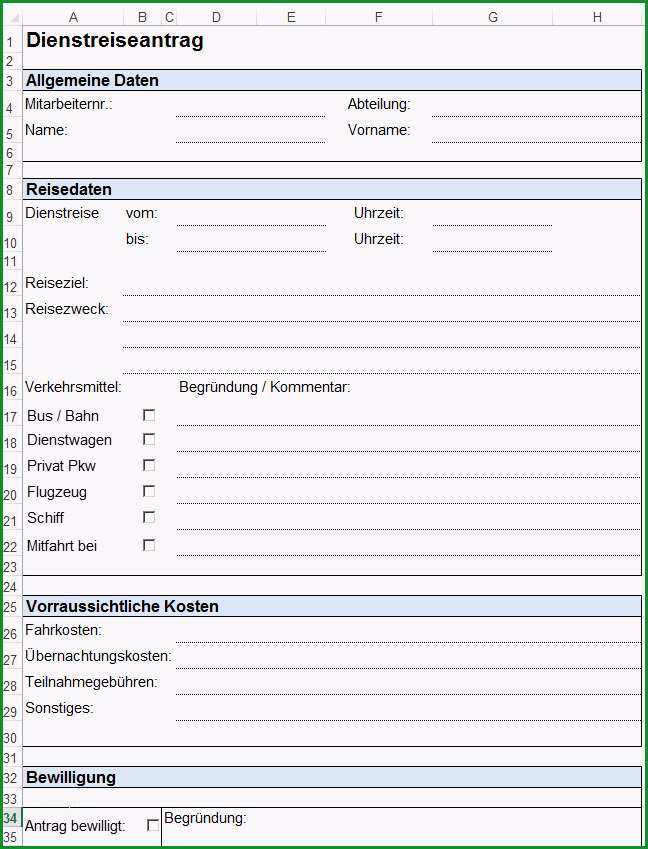 Vorlage Formular fuer Personalstammdatenblatt Dienstreiseantrag und Urlaubsantrag