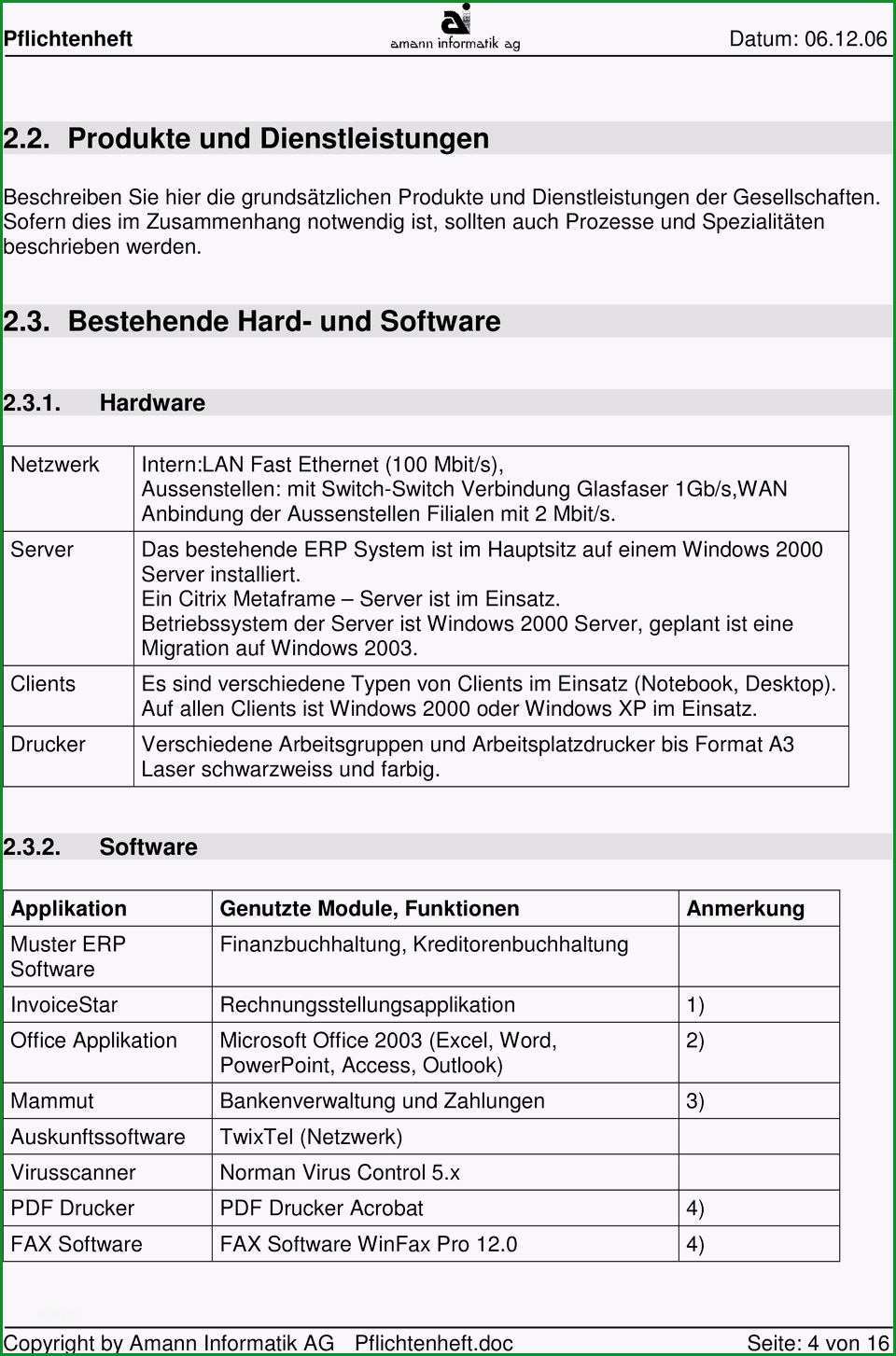 Vorlage pflichtenheft fuer evaluation einer erp business software