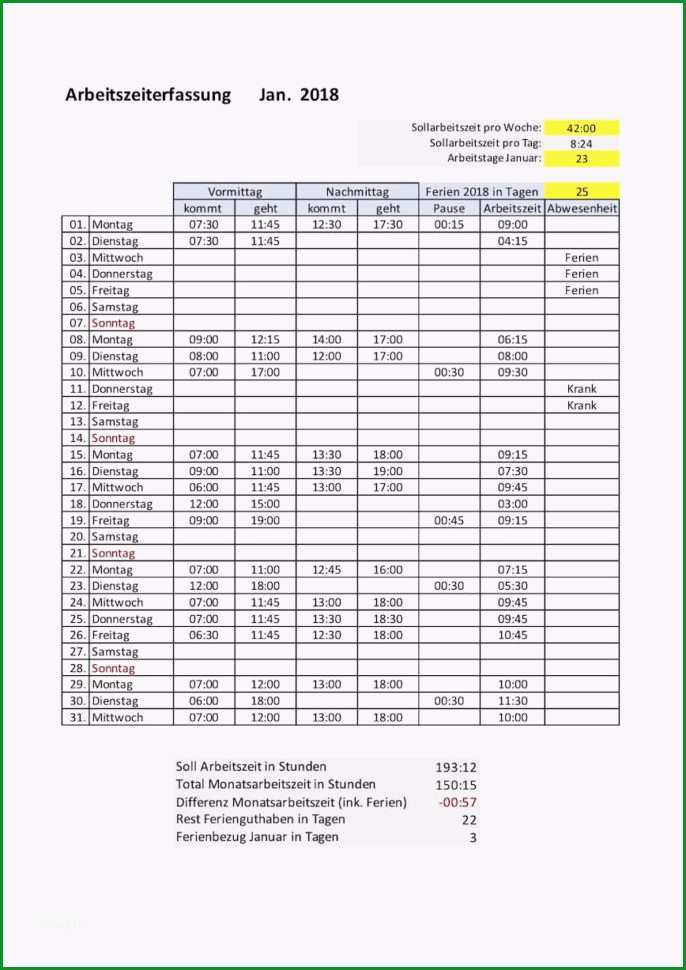 Phänomenal Zeiterfassung Excel Vorlage Schweiz Gratis