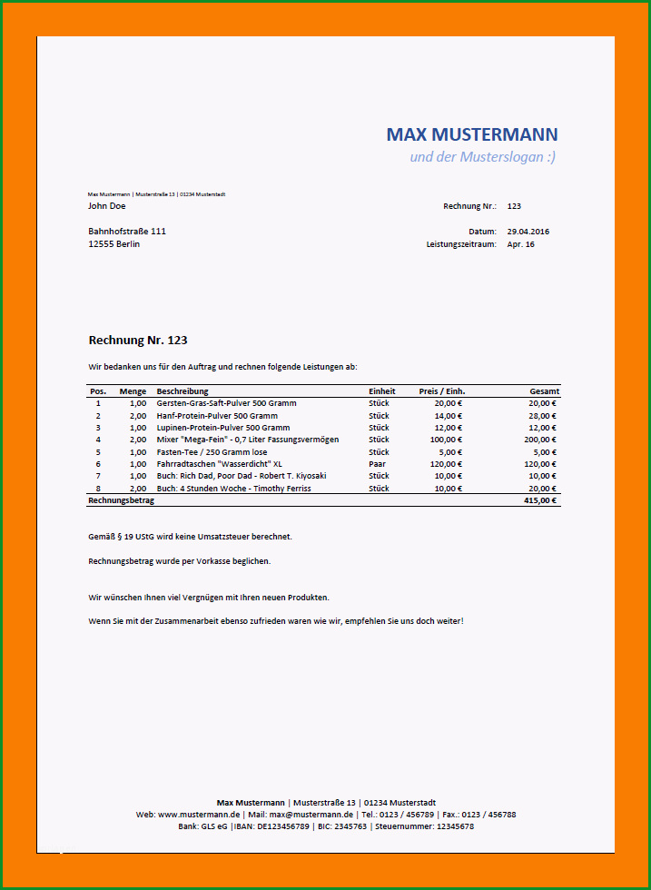 7 vorlage rechnung kleinunternehmer