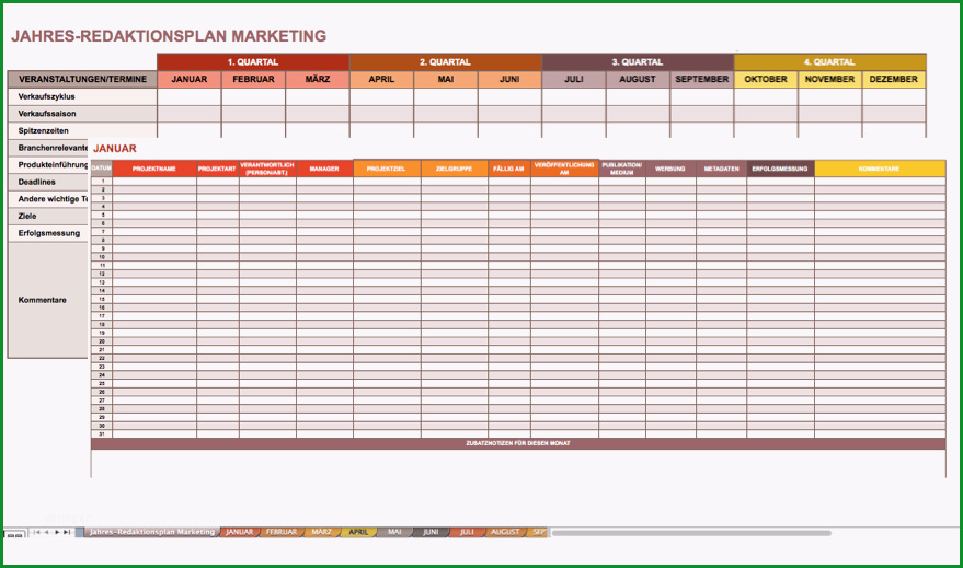 kostenlose Excel Vorlagen fuer Marketingkalender