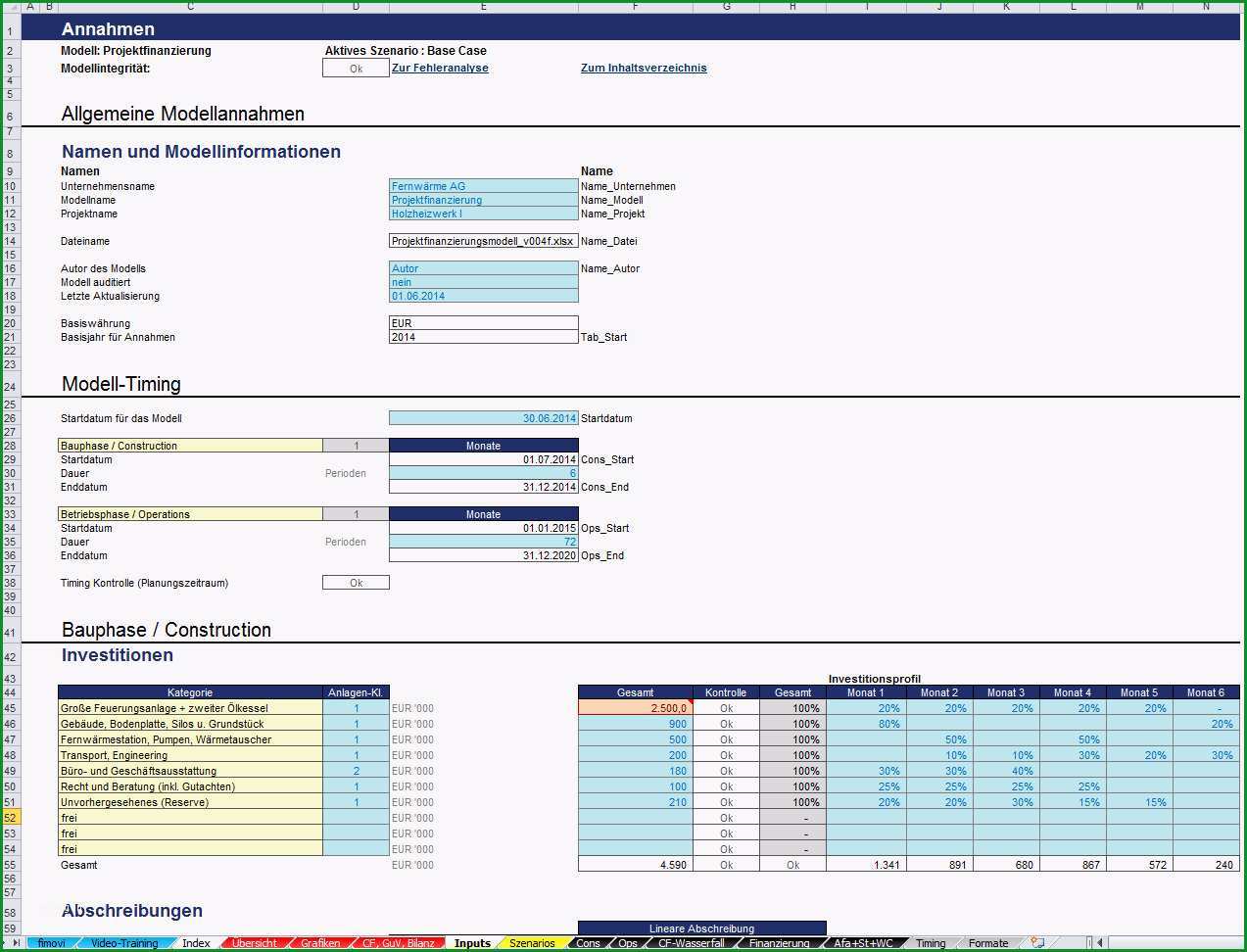 Excel Projektfinanzierungsmodell mit Cash Flow GuV und Bilanz
