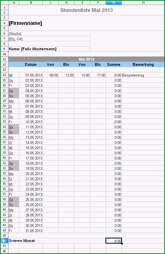 excel stundenzettel monat