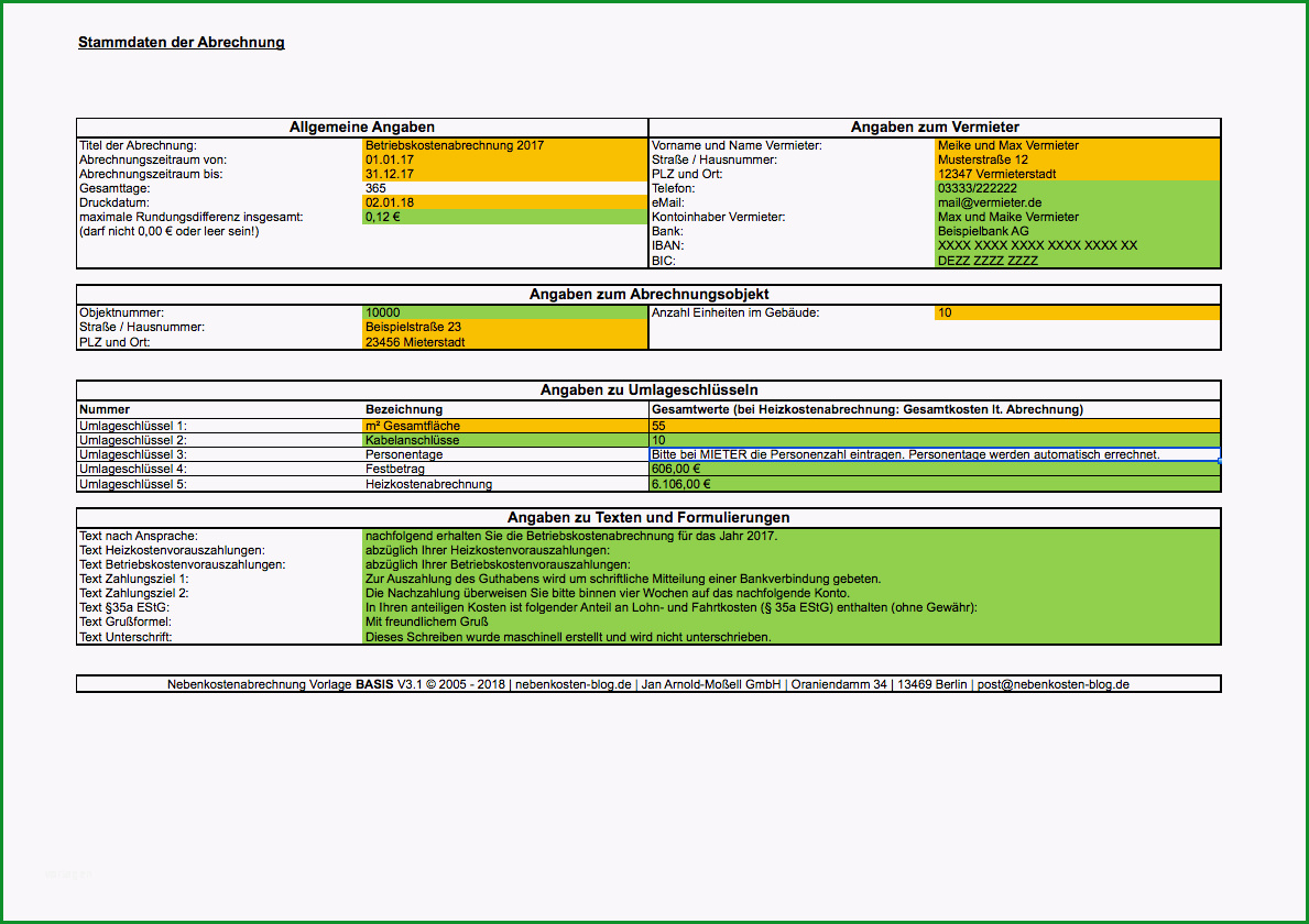 handbuch excel vorlage nebenkosten basis