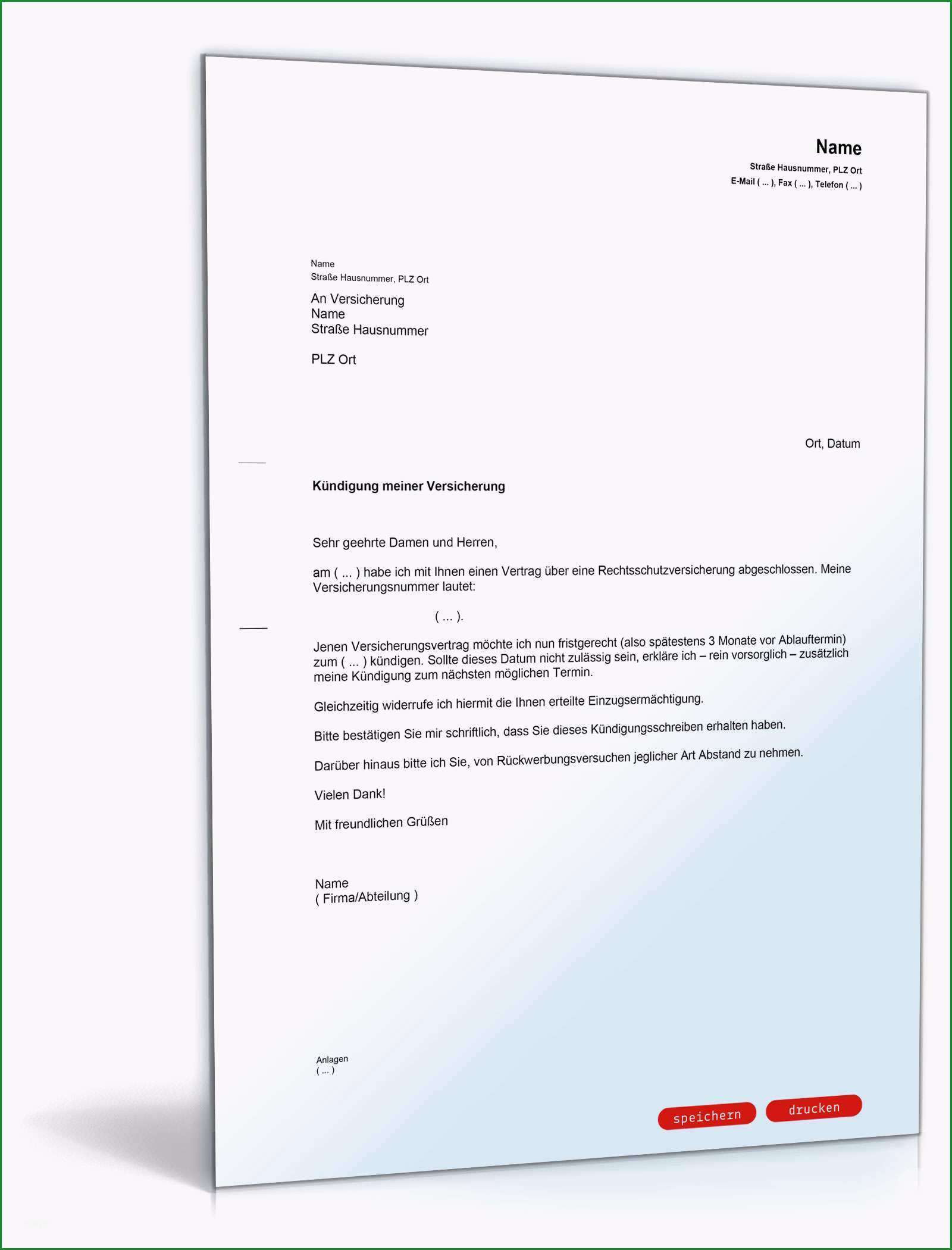 Schockieren Kündigung Rechtsschutzversicherung Muster Vorlage Zum