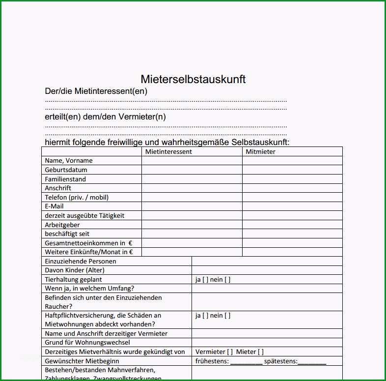 Schockieren Mieter Selbstauskunft formular Download