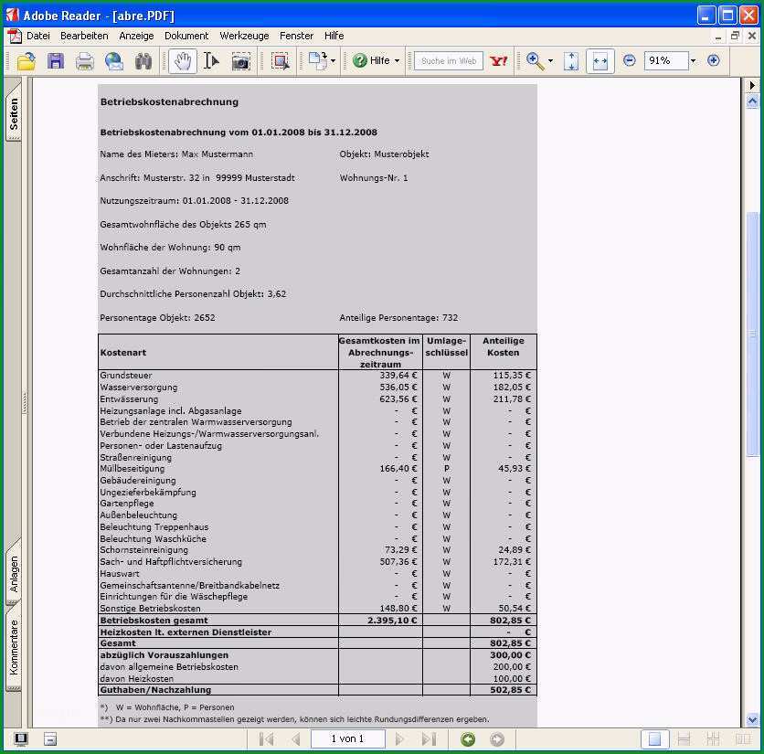 nebenkostenabrechnung excel vorlage