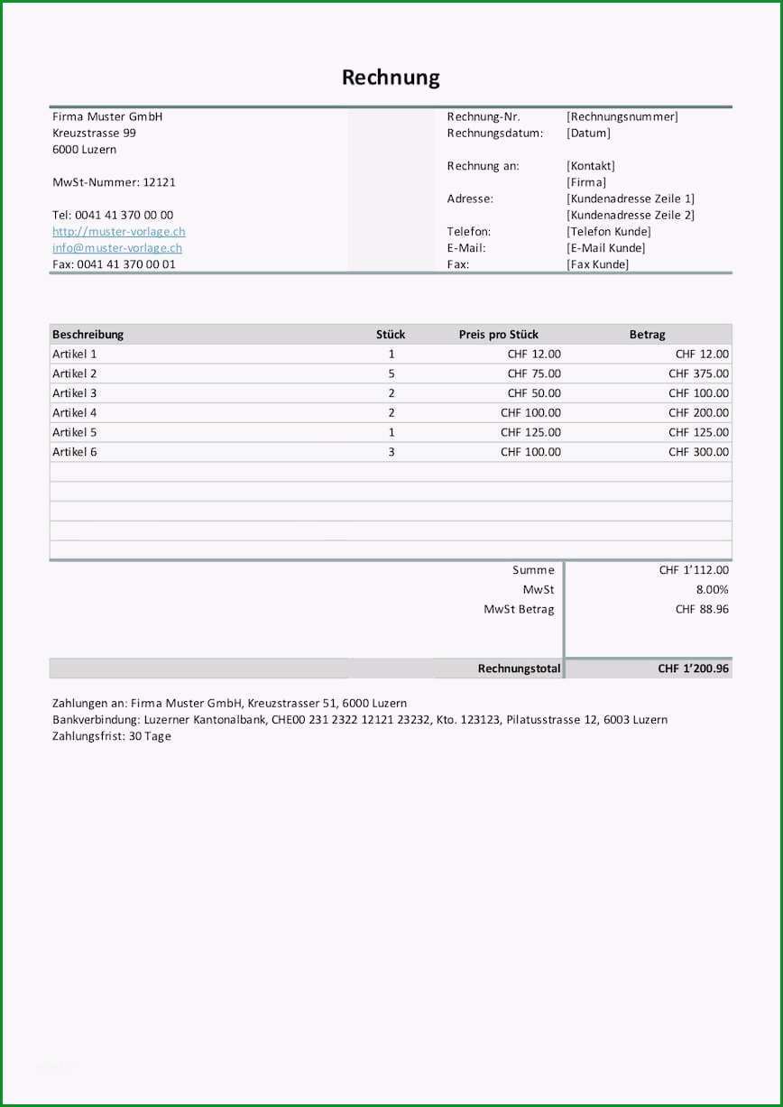 rechnung vorlage schweiz word und excel