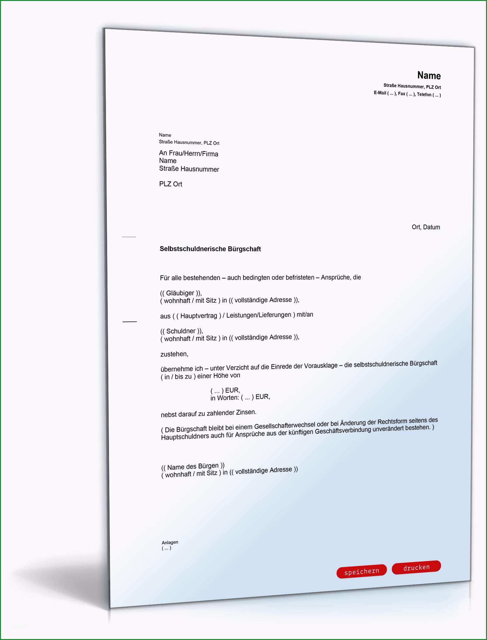 selbstschuldnerische buergschaft brief