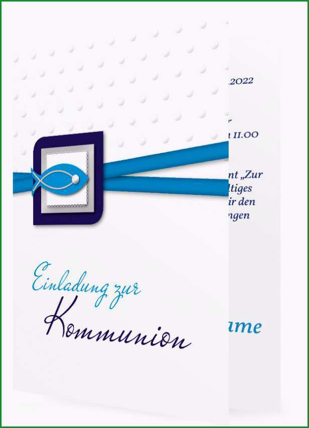 Vorlage Einladungskarte Kommunion gepunktet mit Fisch blau 1249