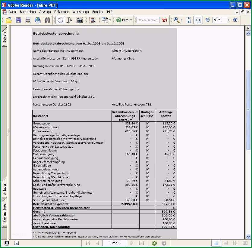 11 nebenkostenabrechnung excel vorlage kostenlos