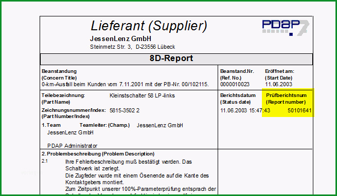 8DReport nach VDA QMC mit Prufberichtsnummer des Kunden