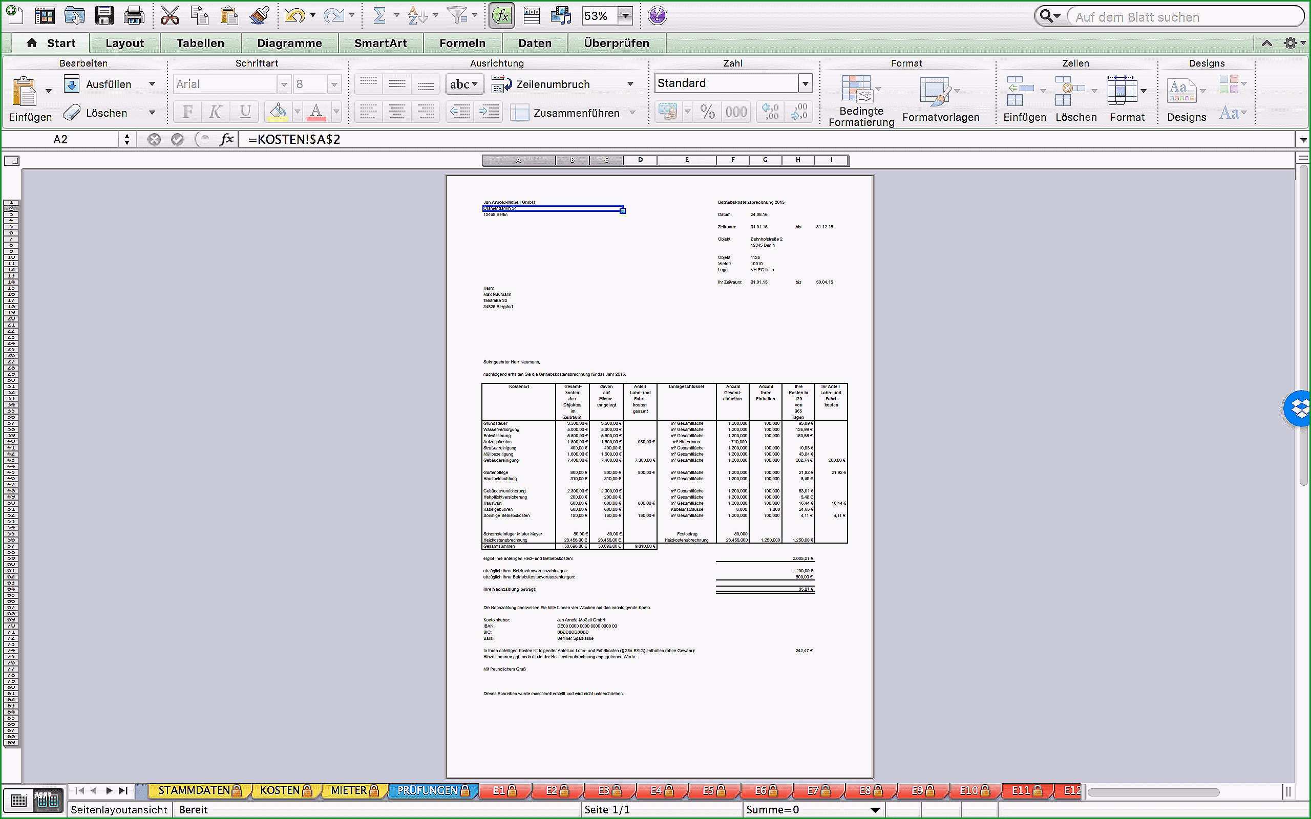 betriebskostenabrechnung excel