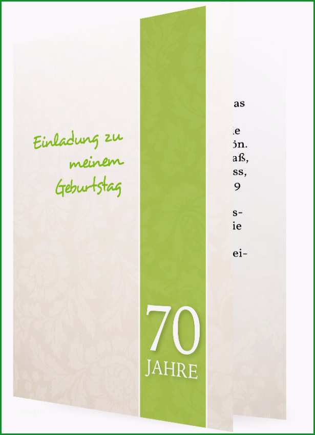 Einladung zum 70 Geburtstag Gruener Streifen hinter Weisser Schrift und Blumen 100