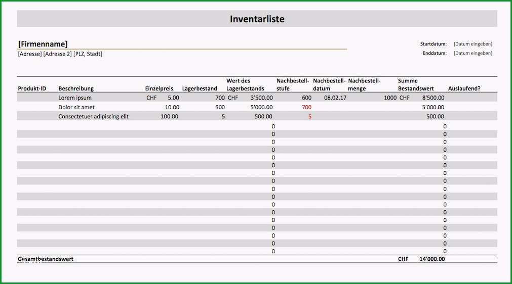 inventarliste vorlage