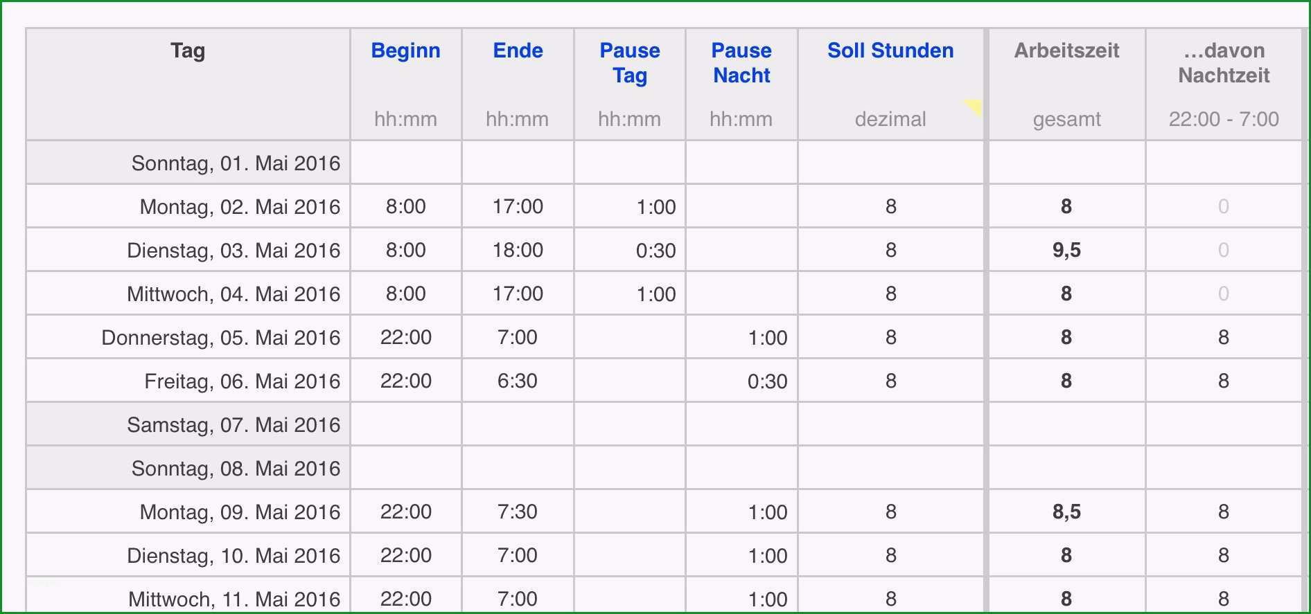 arbeitszeiterfassung 2016 mit nachtzeit