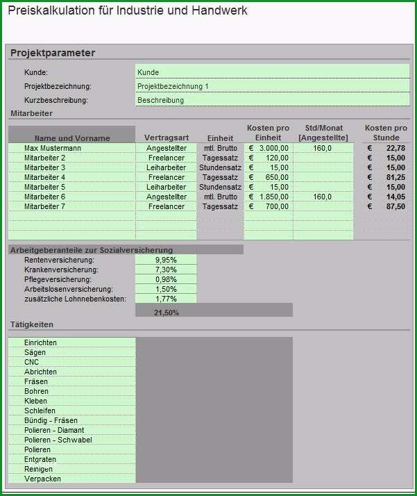 Preiskalkulation fuer Industrie und Handwerk