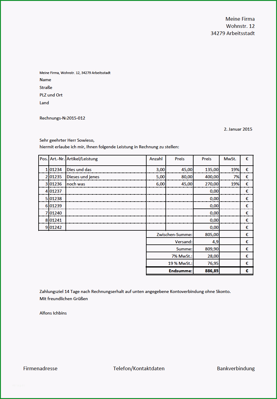 rechnungs vorlage 19 7 prozent mwst