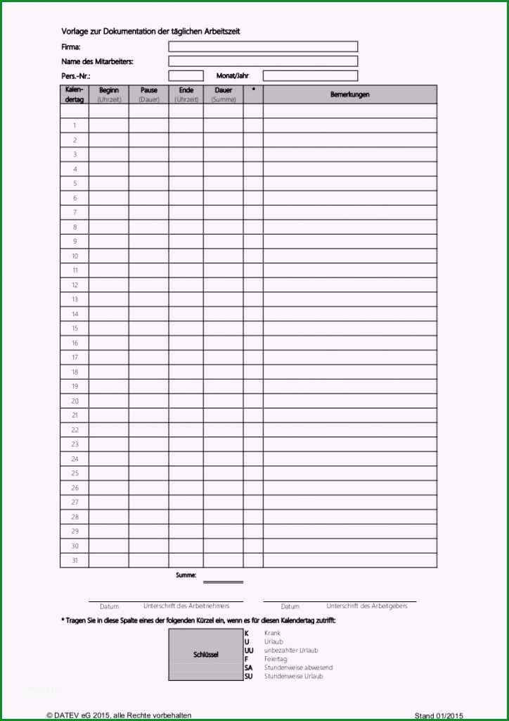 vorlage zur dokumentation der taglichen arbeitszeit muster