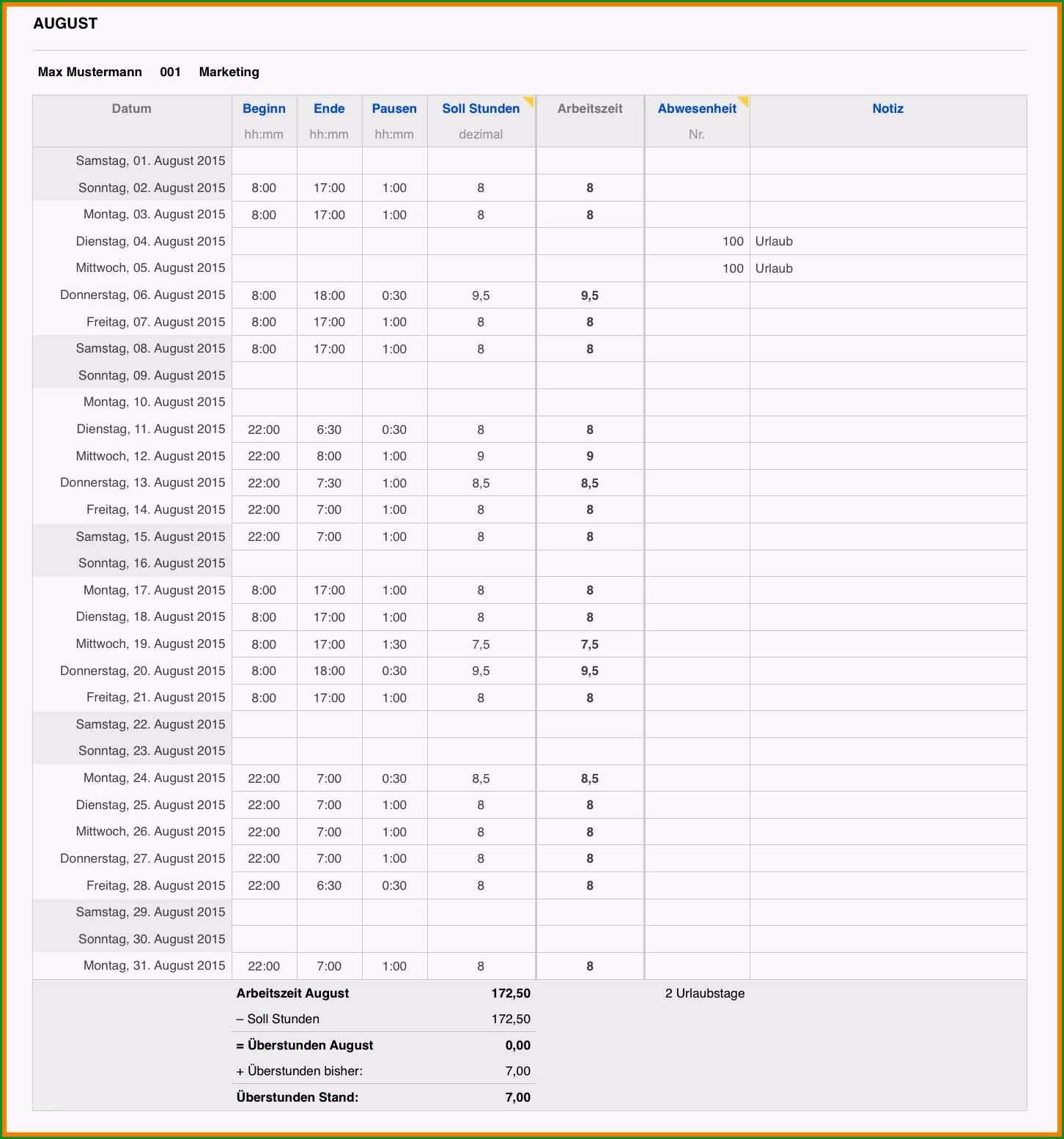 excel arbeitszeit berechnen mit pause vorlage