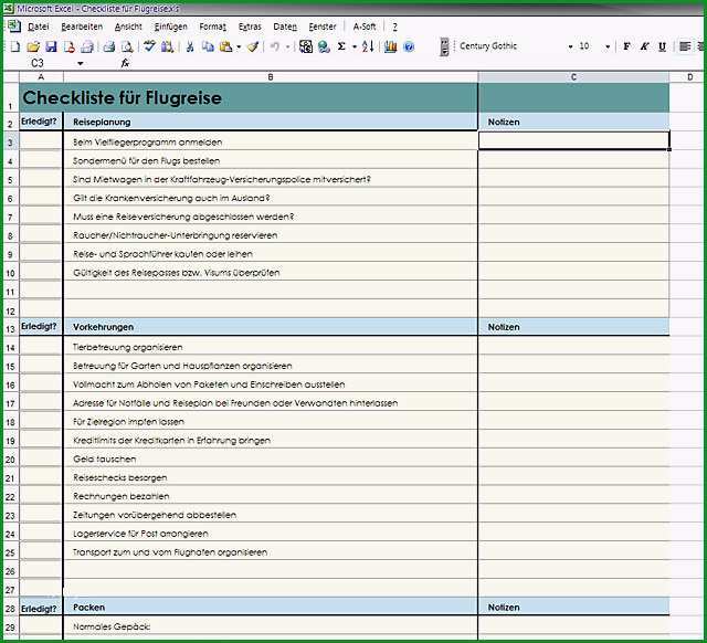 Excel Vorlage Checkliste fuer Flugreise