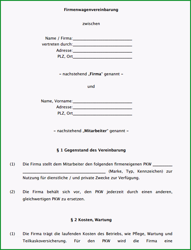 firmenwagen vereinbarung