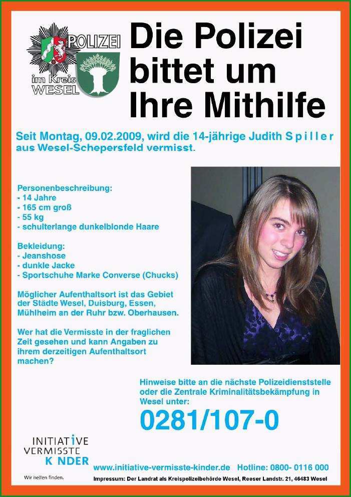 Initiative Vermisste Kinder unterstuetzt Suche nach vermisster Judith Spiller 14 Jahre aus Wesel