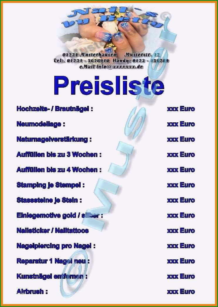 preisliste nagelstudio vorlage