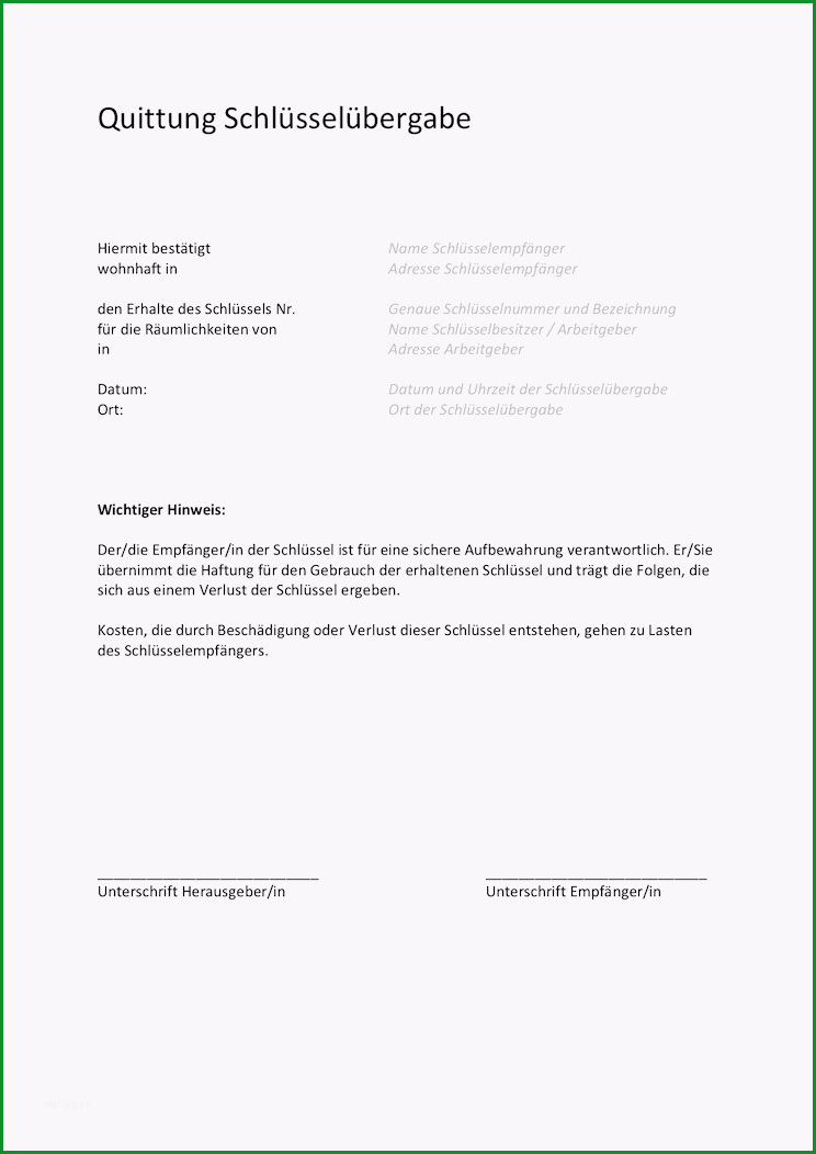 Sensationell Schlüsselübergabe Vorlage &amp; Empfangsbestätigung