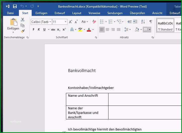 Vollmacht Bank fuer Word Vorlage
