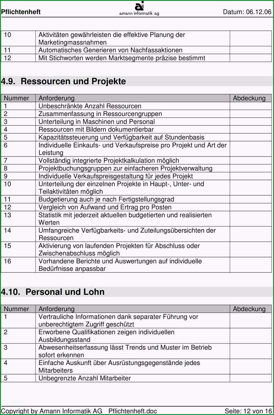 Vorlage pflichtenheft fuer evaluation einer erp business software