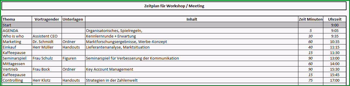 Zeitplan Meeting Excel Vorlage