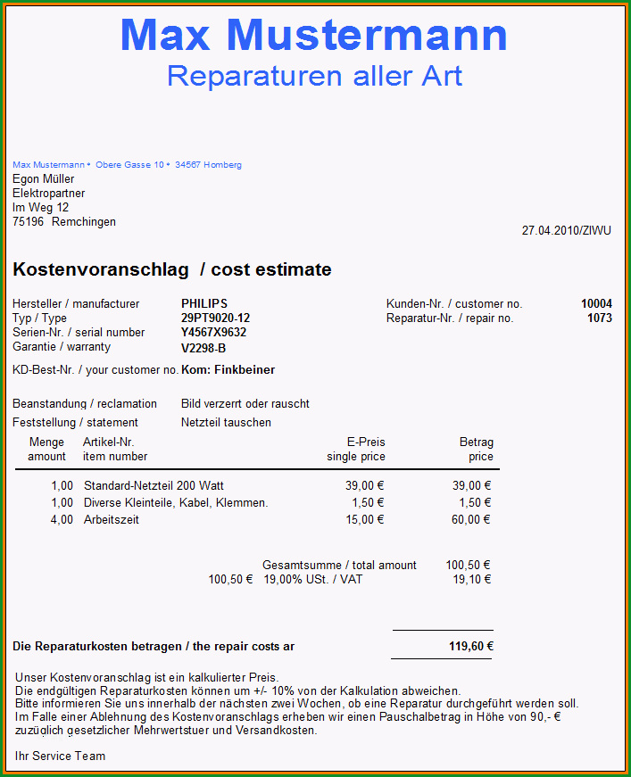 12 vorlage kostenvoranschlag