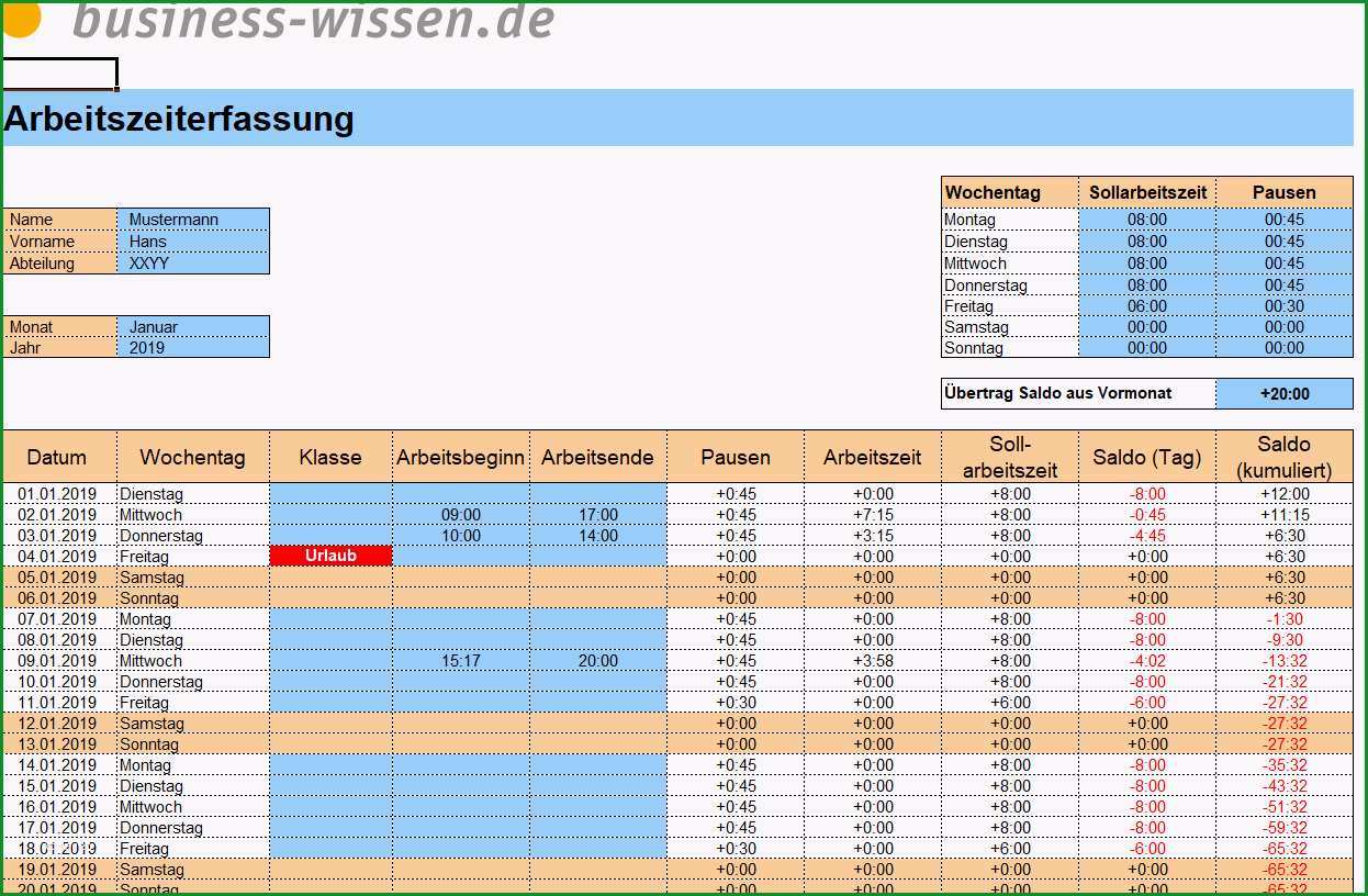 arbeitszeiterfassung excel vorlage 2019