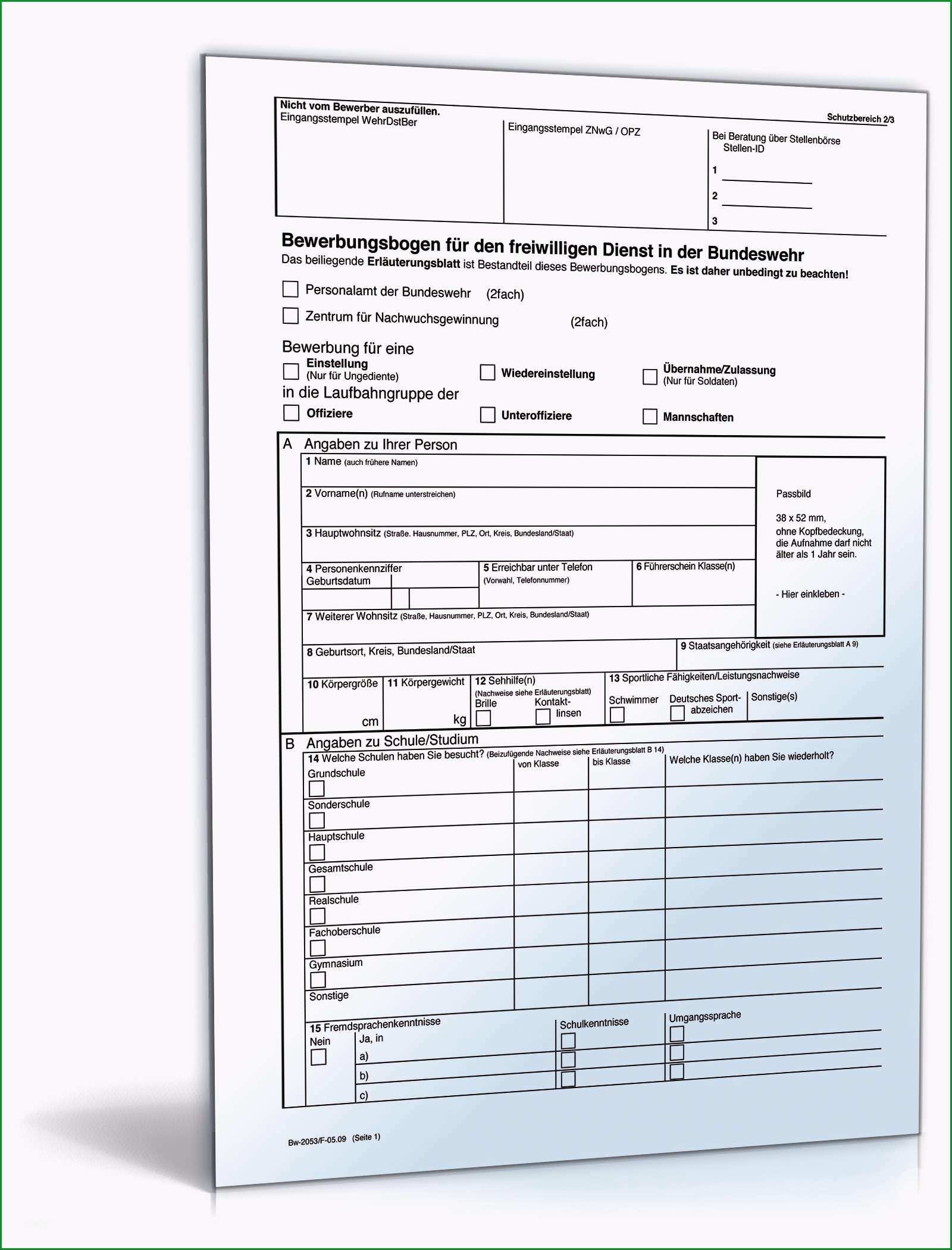 bewerbungsbogen fuer den freiwilligen nst in der bundeswehr