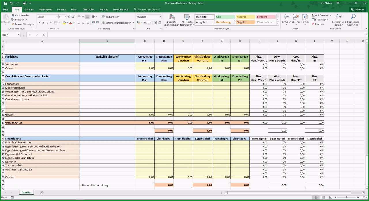 Excel Checkliste Baukosten Planung Hausbau