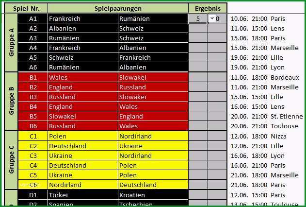 Fussballwetten EM 2016 Spielplan Tabelle fuer Excel