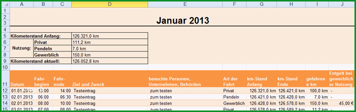 kostenlose excel vorlage fahrtenbuch