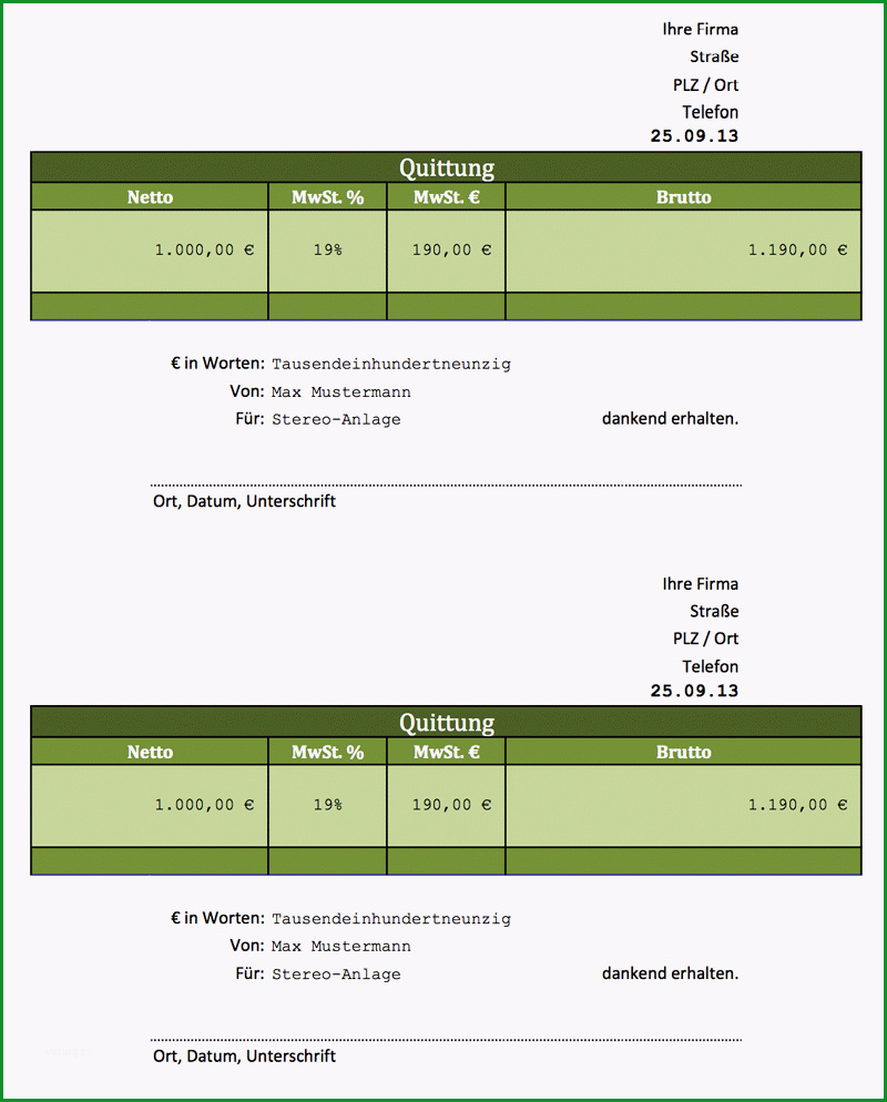 excel vorlagen quittung