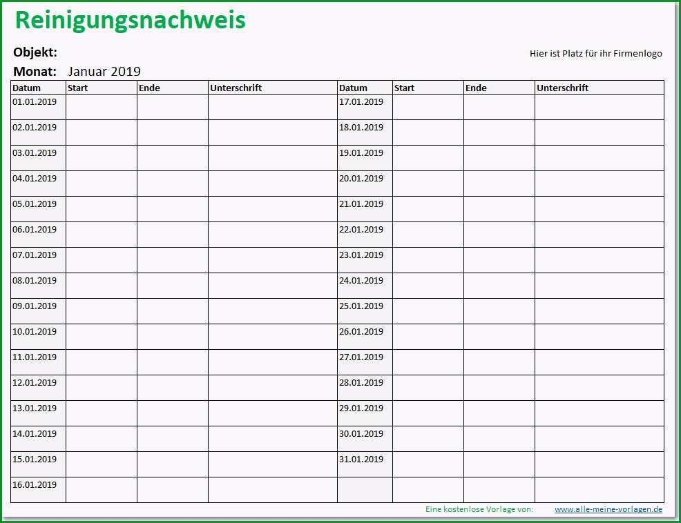 Toll Reinigungsnachweis Reinigungsplan Als Excel Vorlage