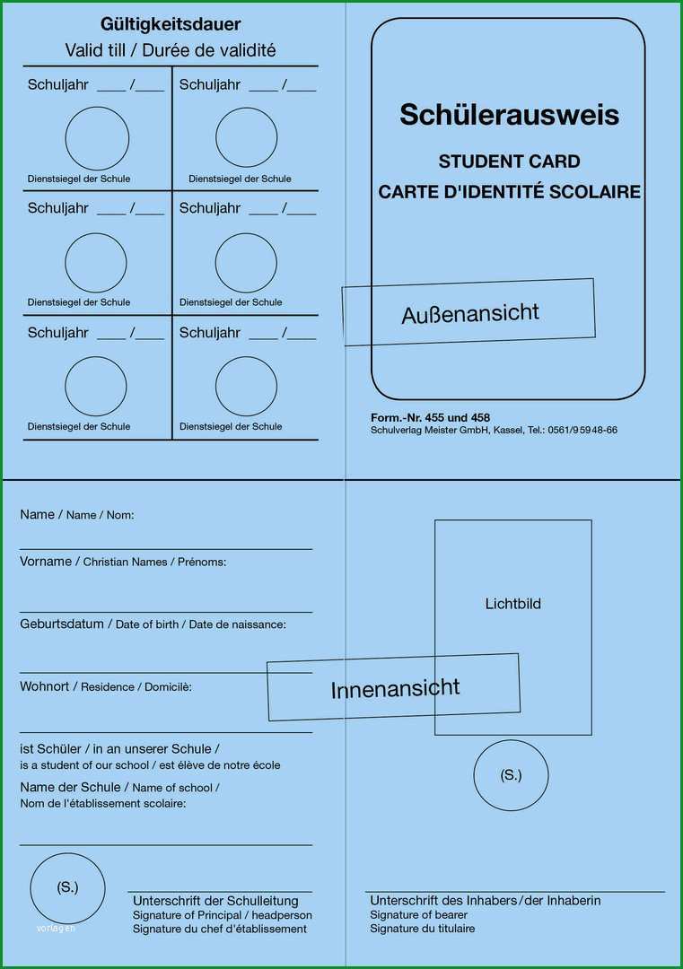 Schuelerausweis Form Nr 458