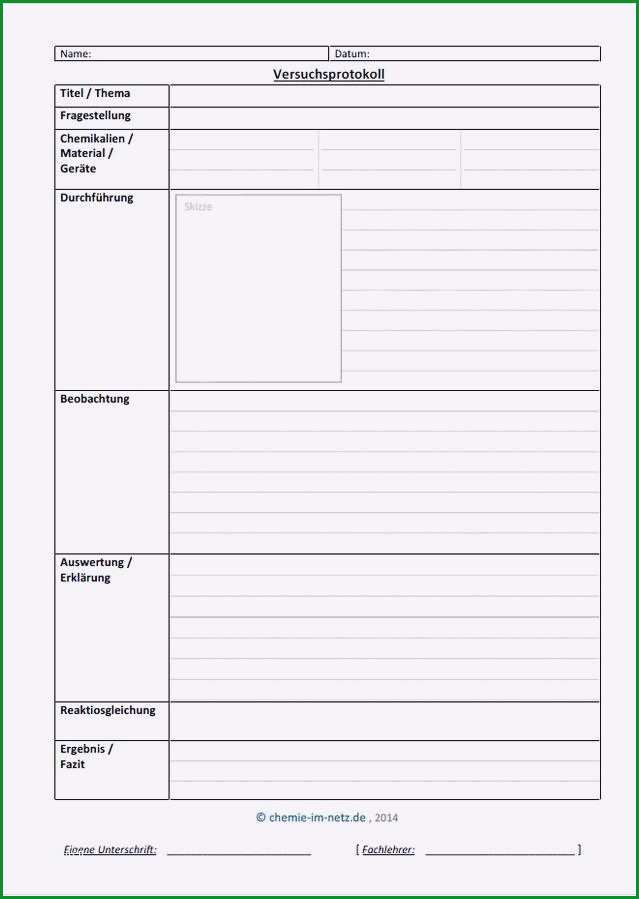 Überraschen Chemie Protokoll Vorlage