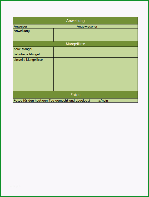 mangelliste vorlage excel