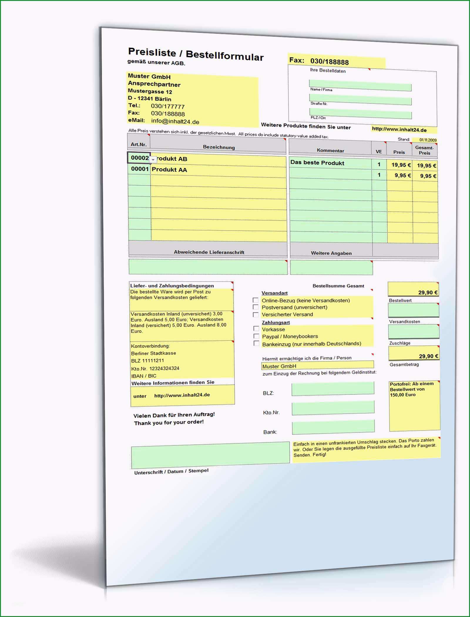 Überraschen Preisliste Mit Excel