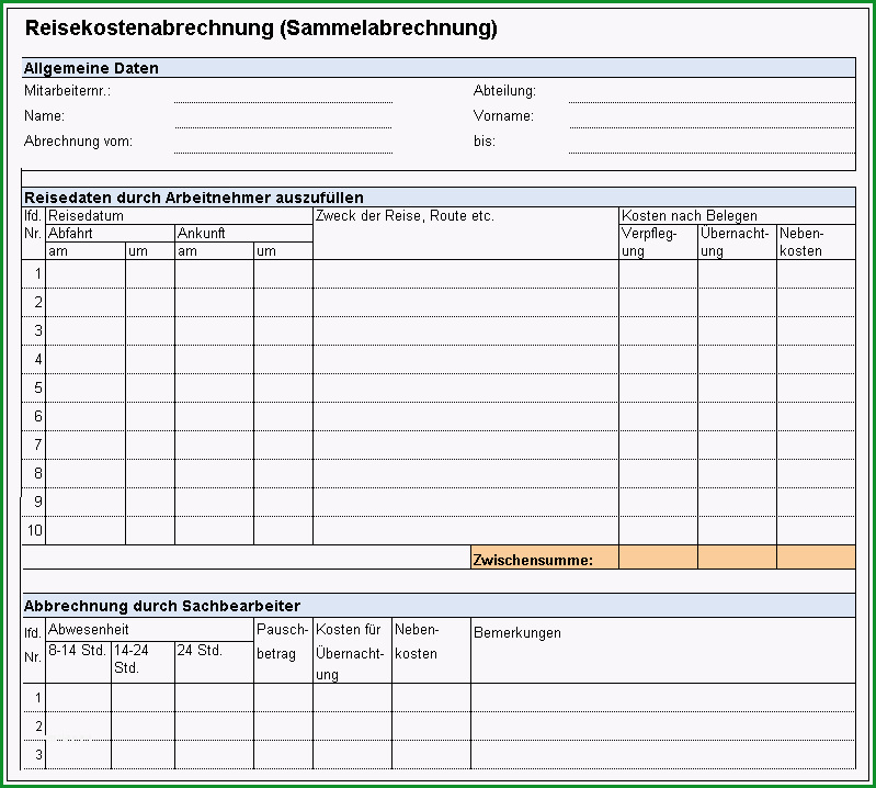 Vorlage Formular fuer Dienstreiseantrag Reisekostenabrechnung und Privatzung PKW fuer Arbeitnehmer