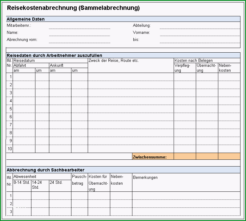 Vorlage Formular fuer Dienstreiseantrag Reisekostenabrechnung und Privatzung PKW fuer Arbeitnehmer